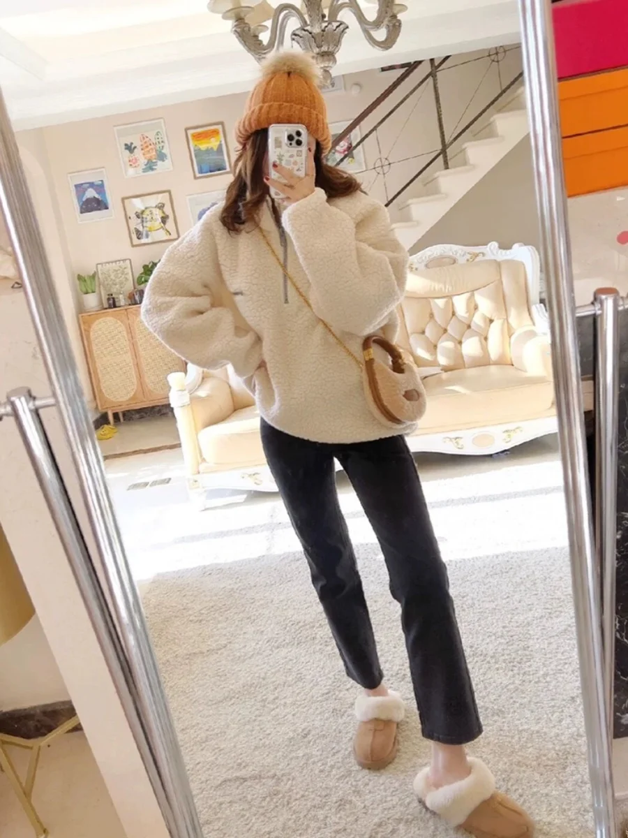 Retro Hong Kong Sle Loose Fit Casual f Zipper Felpa con cappuccio da donna Autunno Inverno Thi Calda pelliccia di agnello Jaet Pendolarismo Sle Pure...