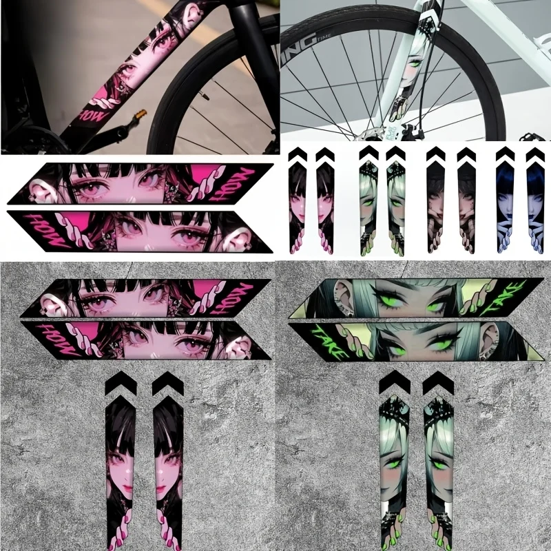 1SET Anime Girl Eye Bike Sticker Waterproof Vinyl Decal Cool Bicycle Frame Fork Decor Multi-Color Cycling Accessory