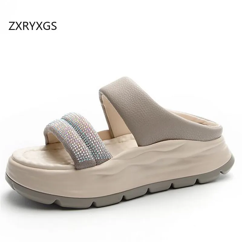 

ZXRYXGS Thick Soled Outer Wear with Height Increase Slippers Fashion Casual Sandals 2024 Summer Real Leather Rhinestone Slippers