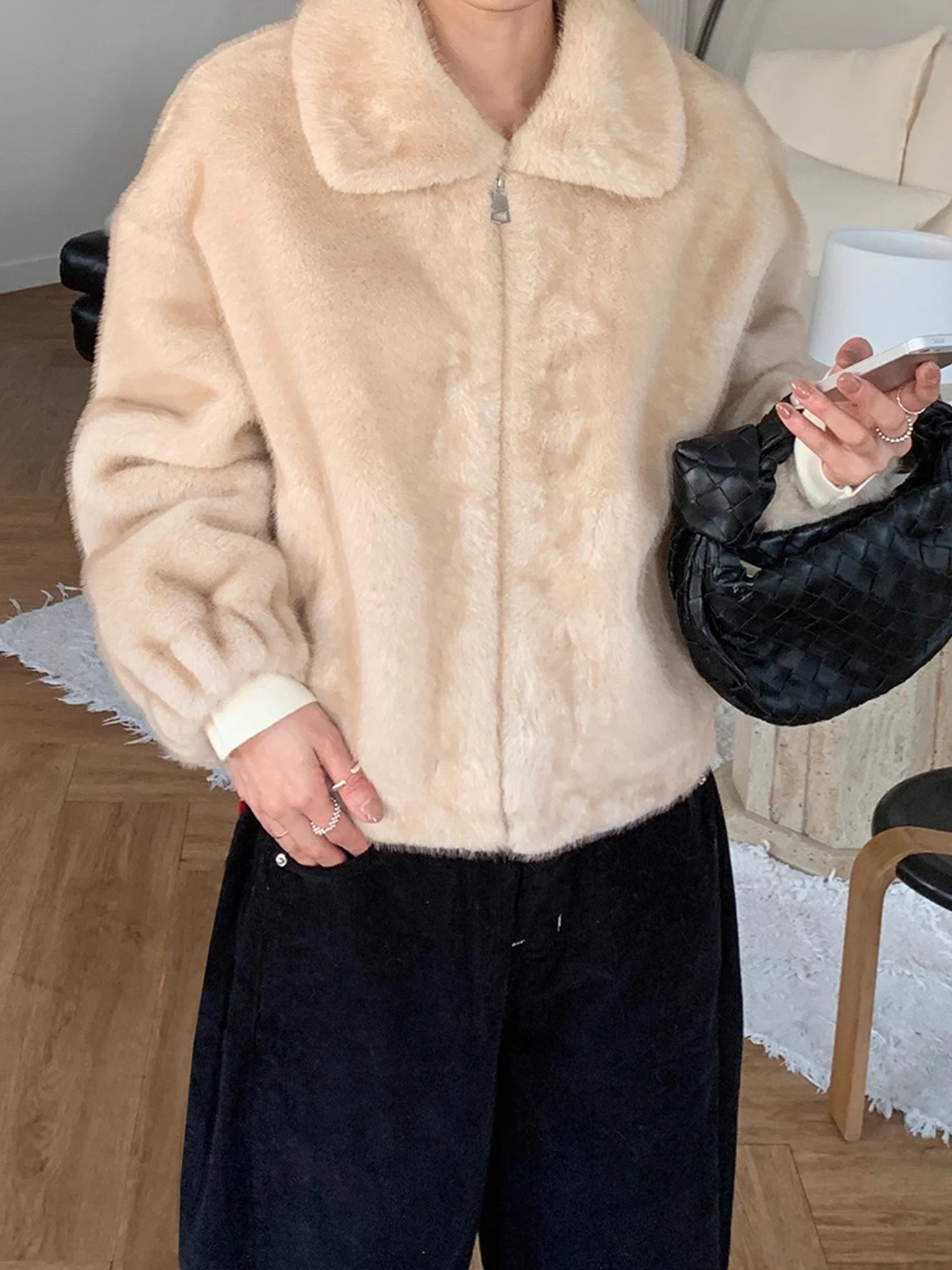   Or manteau de fourrure femme col chaud résistant à l'eau vêtements d'extérieur d'hiver coupe ample polyvalent coton intérieur Jaet