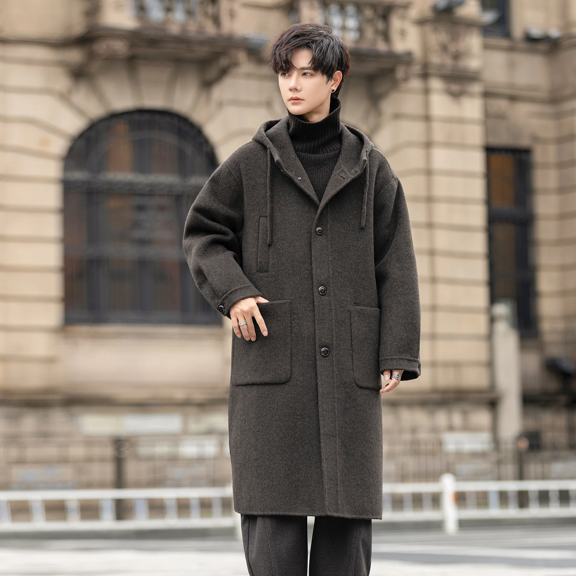 Men Hooded Wool Blend Coat 70% Wool Mid‑Long Single Breasted Loose Oversized Warm Winter Outerwear With Big Pockets
