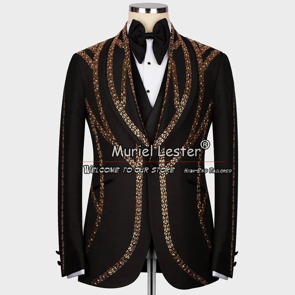 

Male Fashion Suits Men For Wedding Handmade Beads Jacket Vest Pants 3 Pieces Groom Tuxedos Evening Dinner Party Prom Blazers Set