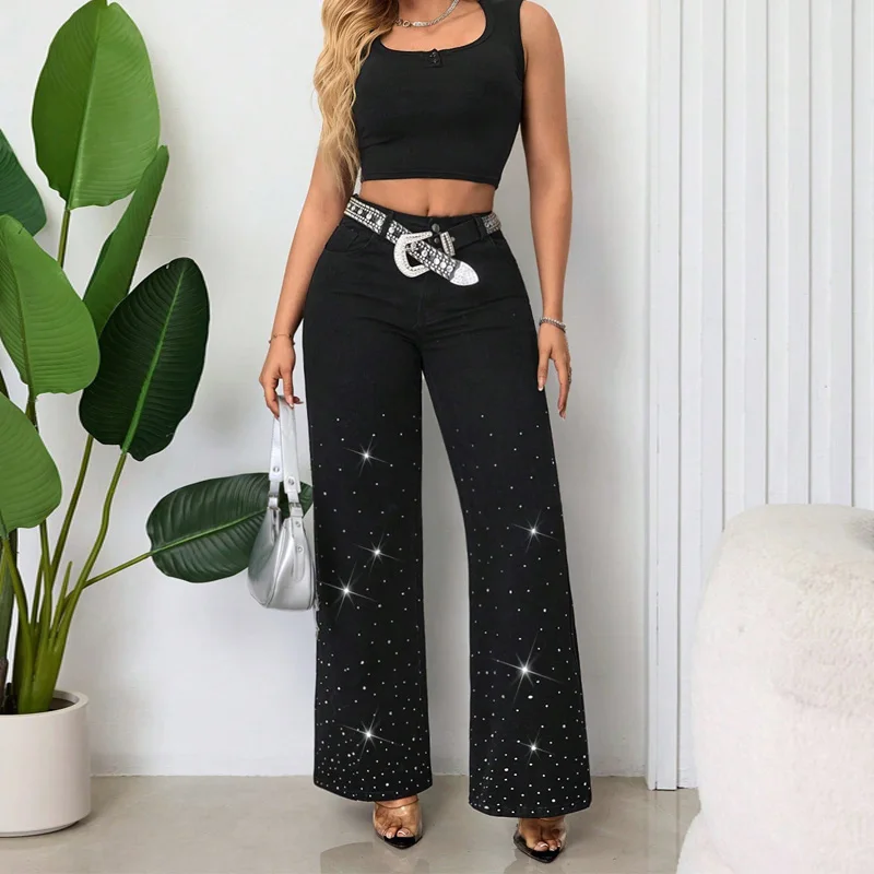 Benuynffy Women's Street Loose Diamonds Straight Jeans 2025 New Retro Mid Waisted Female Casual Black Wide Leg Denim Trousers