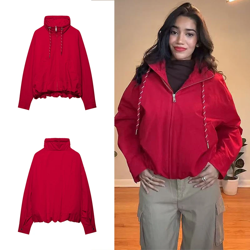 Guobioziy 2026 Spring Autumn Women Loose Hooded Zip Jacket Drawstring Collar Elastic Hem Patch Pockets Street Casual Outer Coat