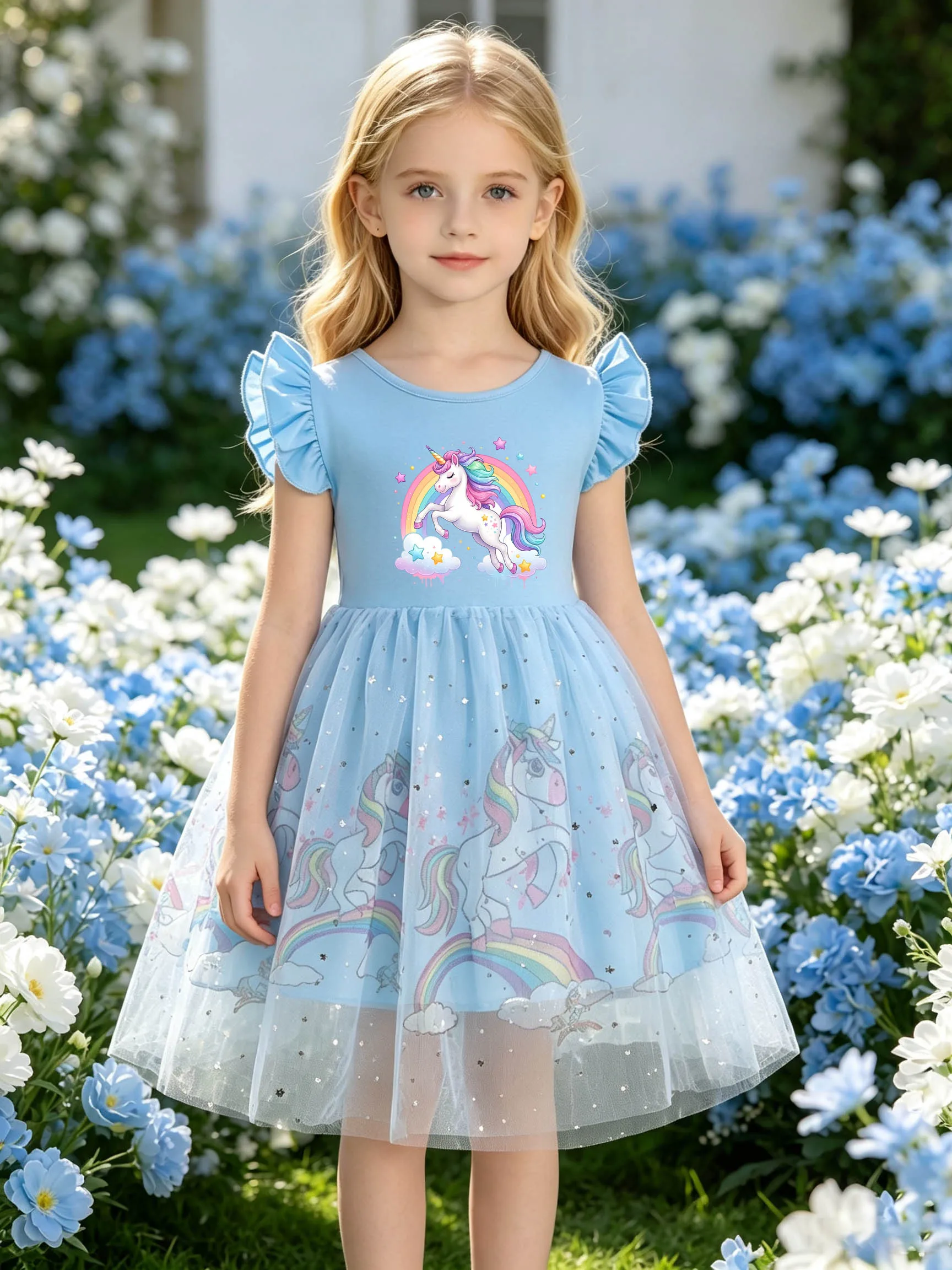 Robe bleu clair pour petites filles avec des nuages arc-en-ciel, des imprimés licorne et des manches bouffantes à volants