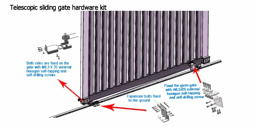 屋外耐久性のある伸縮スライドゲートハードウェア