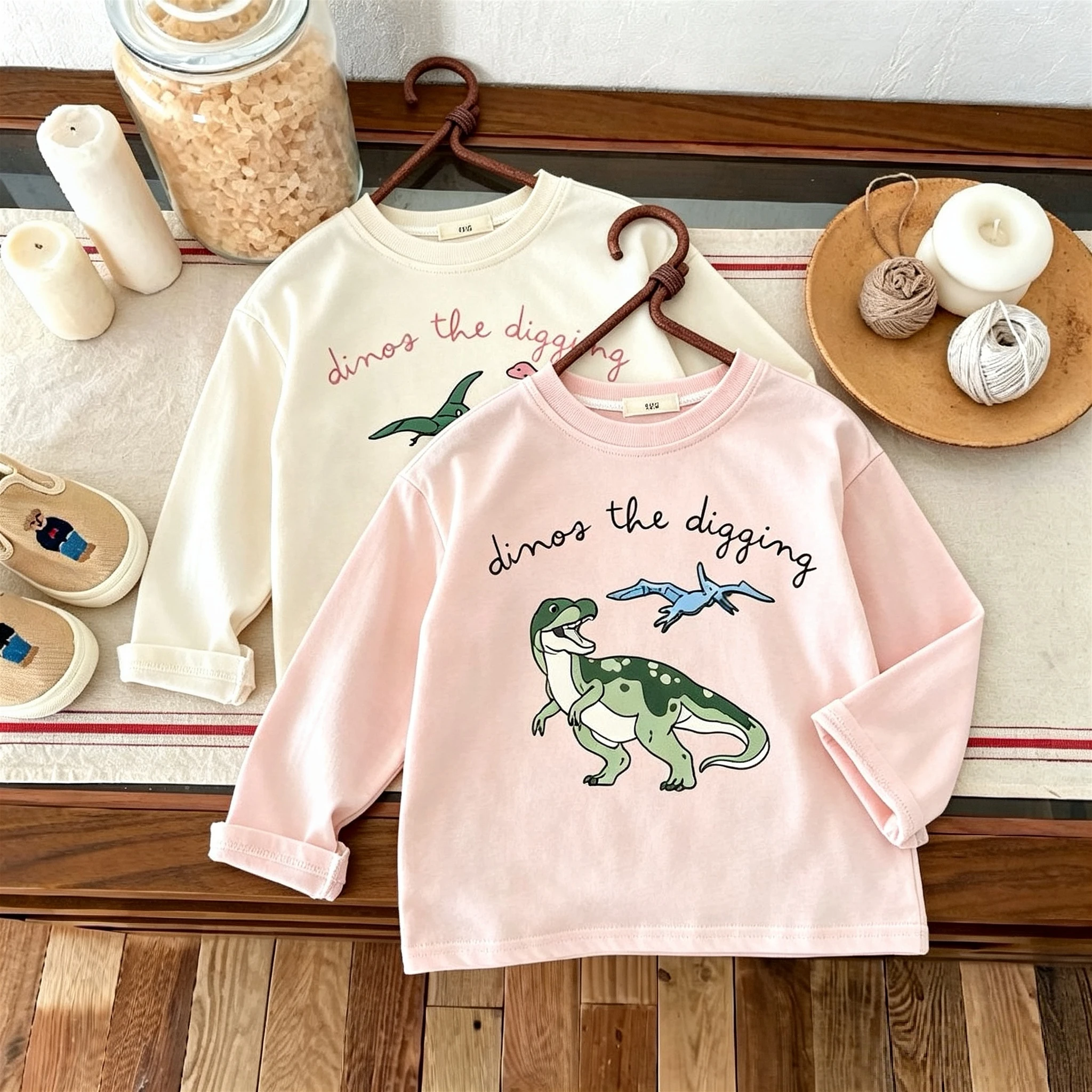 Solid Color Printed Dinosaur Kids Base Shirt Tops Long-sleeved Tshirts Spring Fall Clothing Simple Versatile Children's Blouse