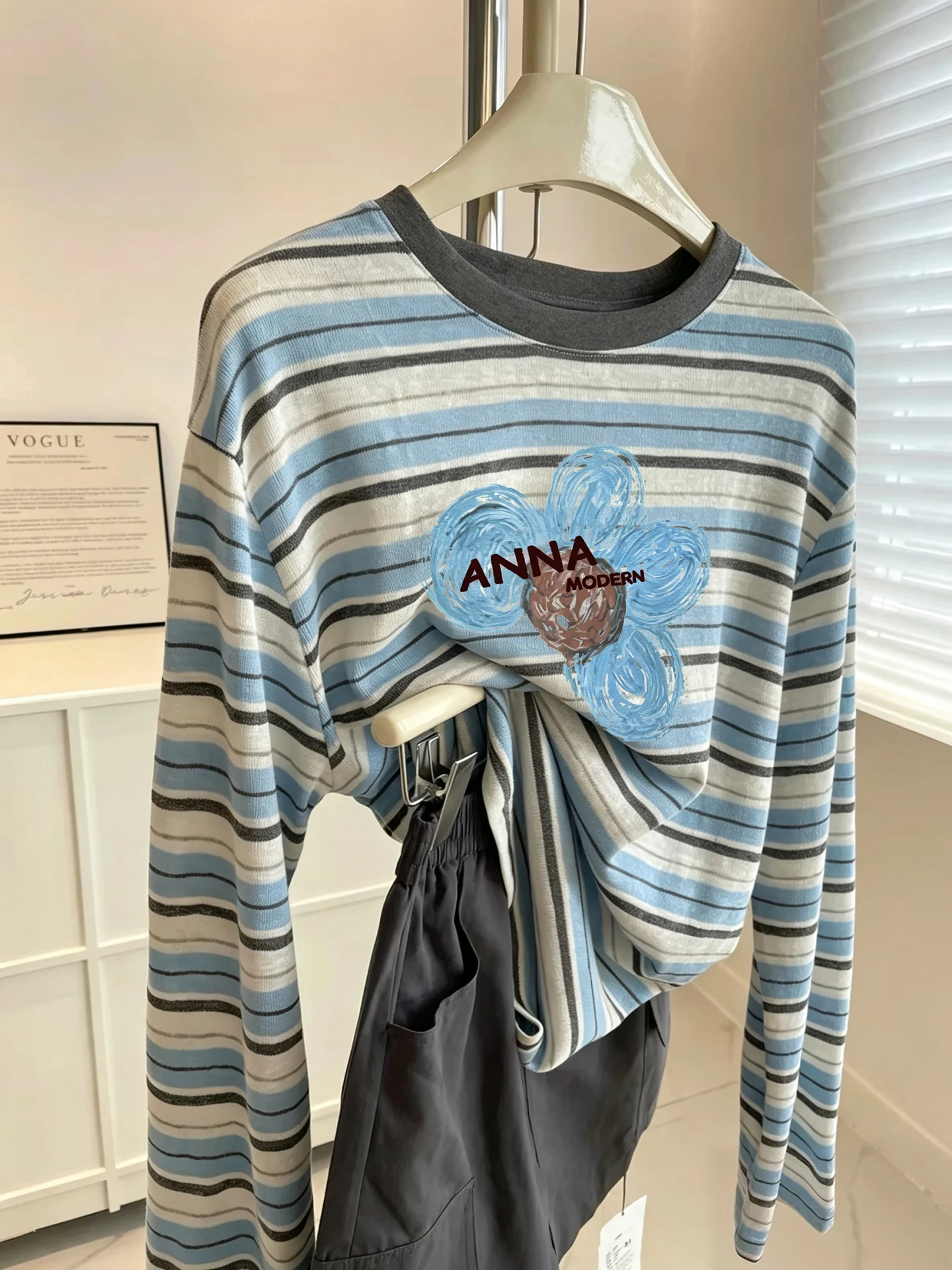 Loose Fit Long Sleeve round Neck T-Shirt Korean Style Printed Casual Base Shirt White Stripe Color Block Women's Autumn Top