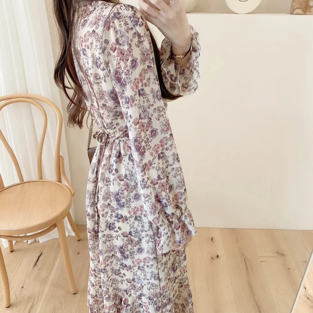 Elegant Short Sleeve Floral Dress Summer Women Sundress V Neck Holiday Vestidos Casual Knee Length Chiffon skirt Femme 2024