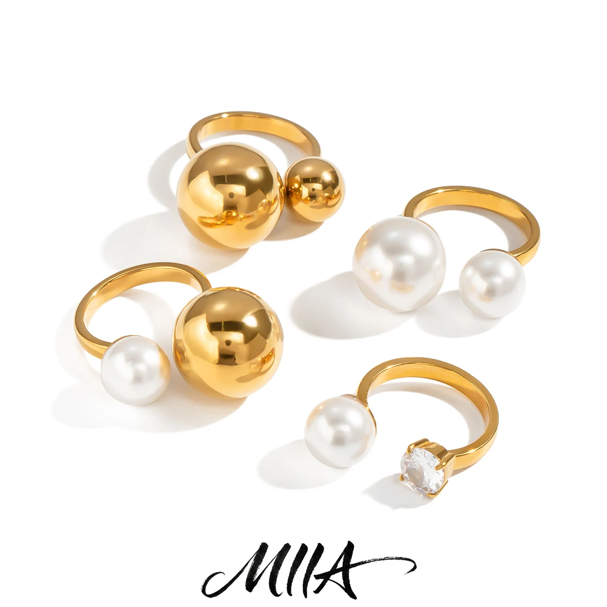 Miia Jewelry 18K Gold Two‑Ball Open Cuff Ring Stainless Steel Imitation Pearl Adjustable Statement Ring For Women