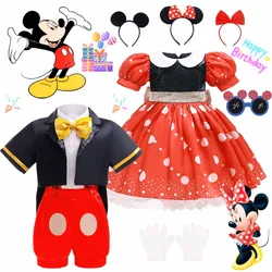 2024 New Mickey Mouse Dress for Girls Minnie Cartoon Clothes Headband Boys Cosplay Costumes Fancy Bow Tie Clothing Set