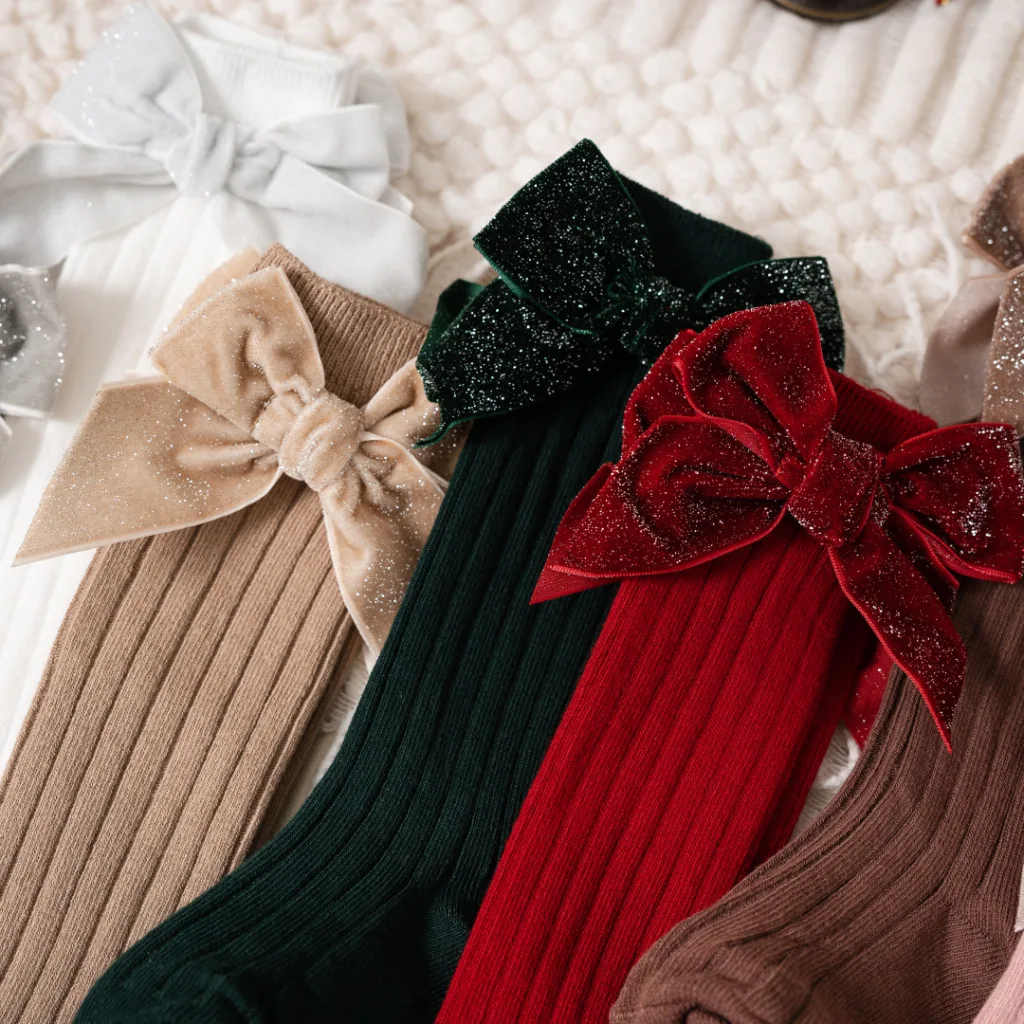 0-8Y Baby Girls Big Bow Socks Autumn Winter Toddler Kids Ribbed Long Christmas Sparkly Sock Cotton Red Children Knee High Socken