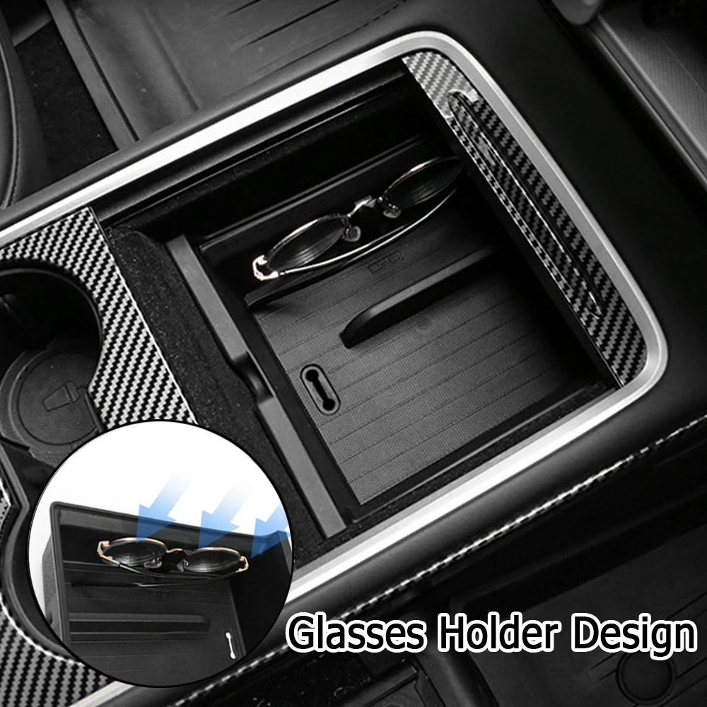 Car Center Console Storage Box Segmented With Sunglasses Bracket Holder For Tesla Model Y Model 3 Car Interior Accessories