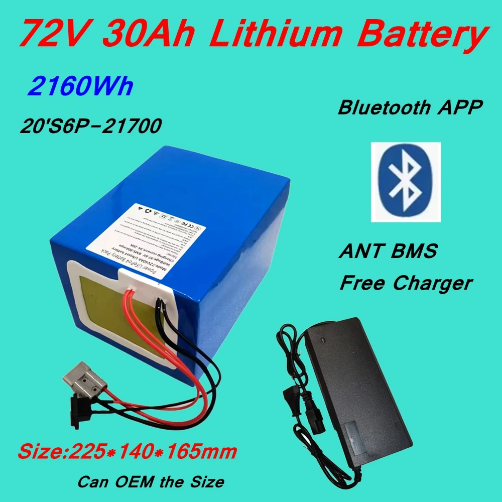 

20 дюймов 6P-21700Cell 72 В 30 Ач литий-ионный аккумулятор с приложением Bluetooth для 3500 Вт электронного велосипеда, скутера, скейтборда, мотоцикла + зарядное устройство 5А