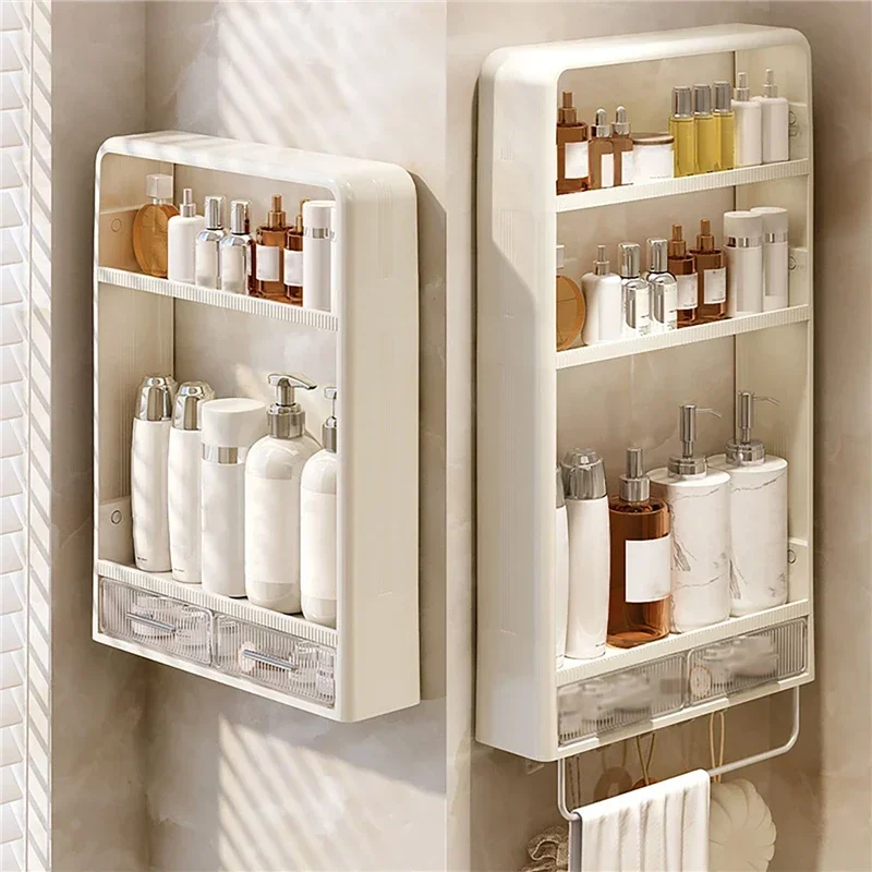 

Punch-Free Wall Hanging Organizer Shelf with Drawer Hooks Kitchen Bathroom Storage Rack for Cosmetic Toiletries Sundries Storage