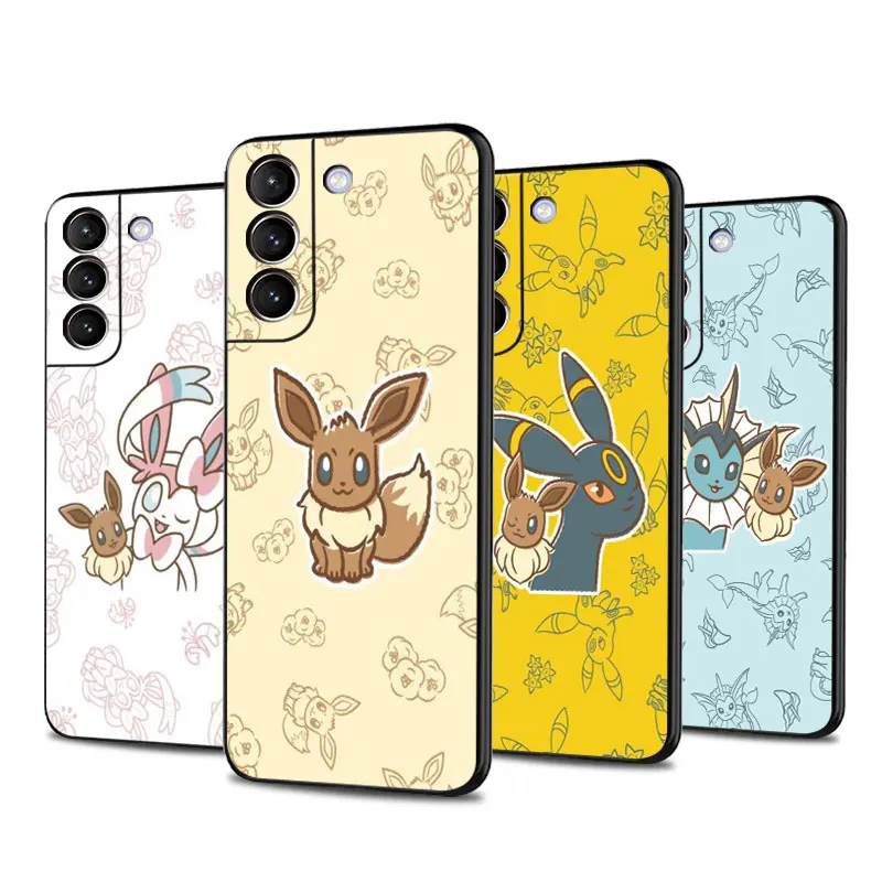 Case For Samsung Galaxy S23 Ultra S22 Plus S21 FE S20 S10 Lite S10e S9 S8 S7 Edge Black Soft Phone Cover Cute Pokemon Eevee Capa