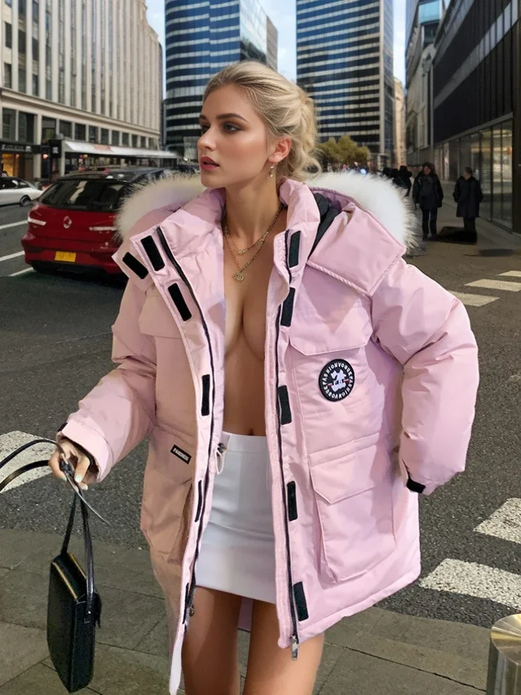 Schicke Pelz kragen Kapuze Puffer Jacke Winter Frauen Parkas Taschen warme lose Reiß verschluss Baumwolle gepolsterte Jacke Design Kleidung Mäntel