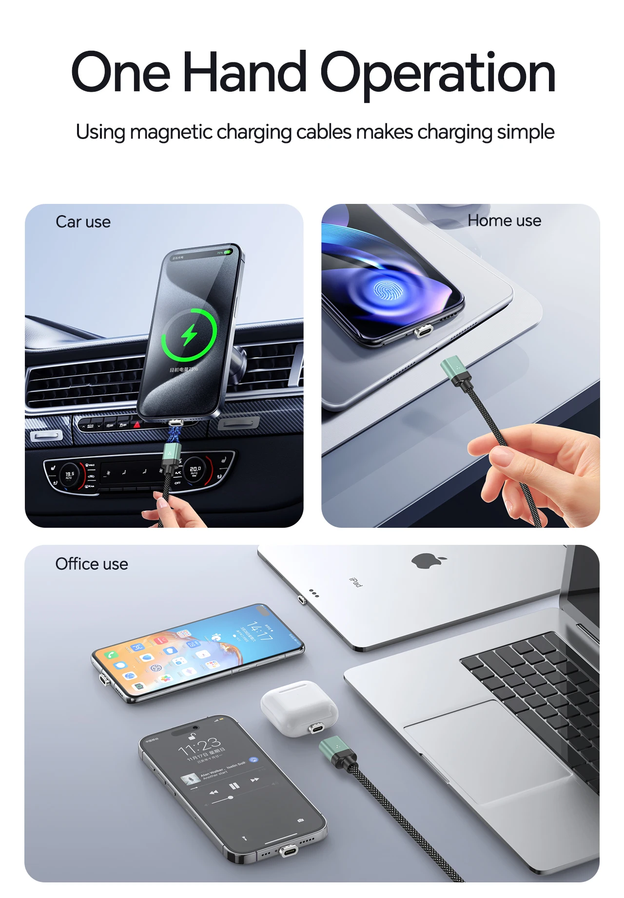Magnetic USB C Charging Cable 1.2M 100W Type C to Type C Cables Nylon Braided Data Transfer Fast Charging Cord