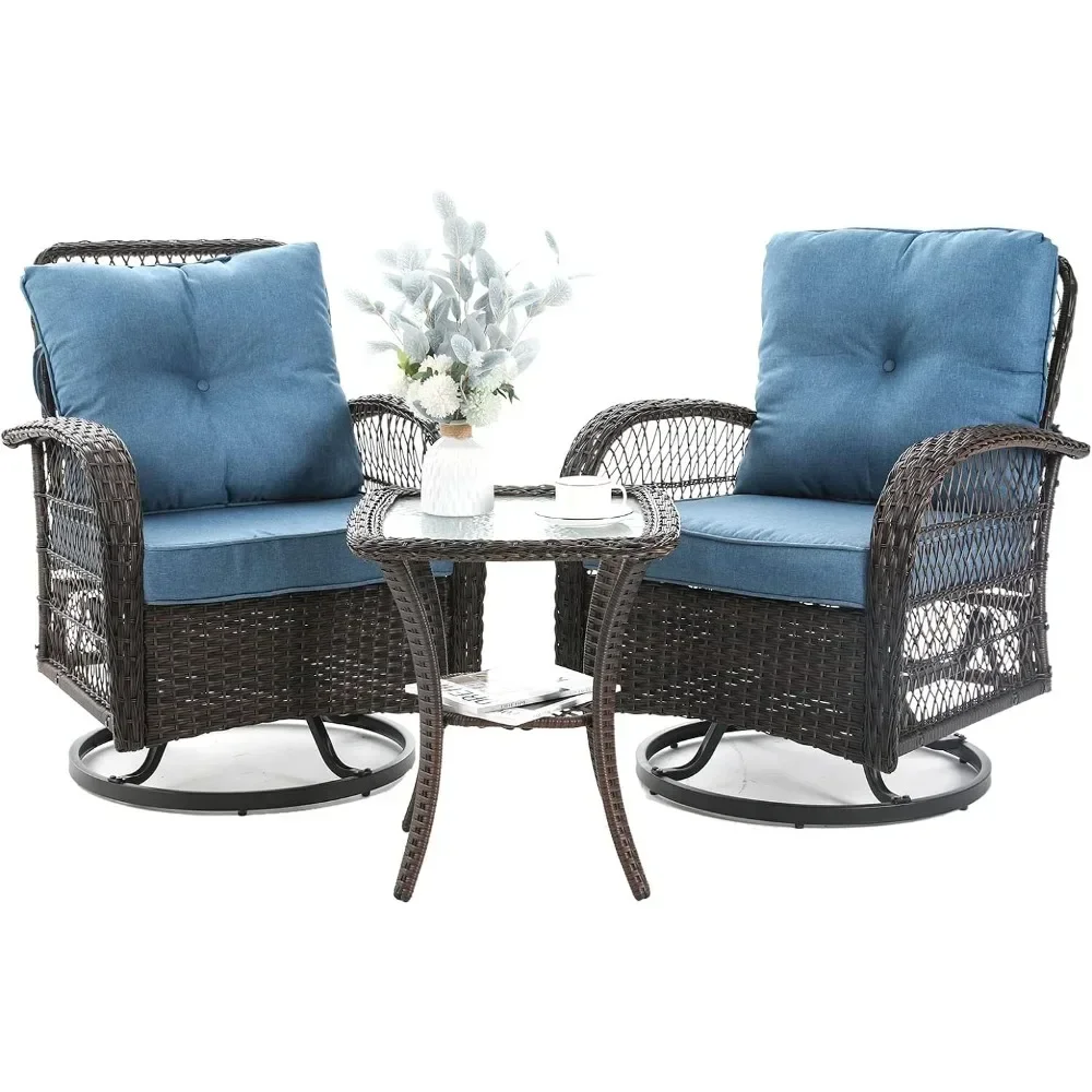

3 Pcs Patio Furniture Set, Outdoor Swivel Glider Rocker, Wicker Bistro Set w/Rocking Chair, Thickened Cushions & Table for Porch
