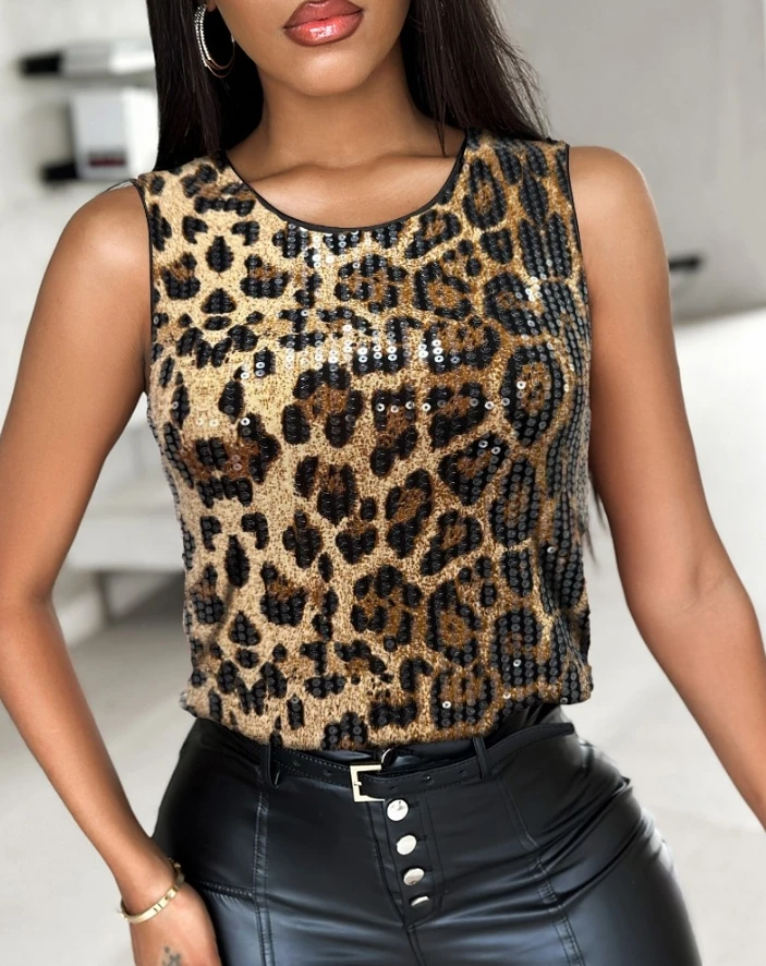 Leopard Print Contrast Sequin Round Neck Top Sleeveless Slim Fit Blouse