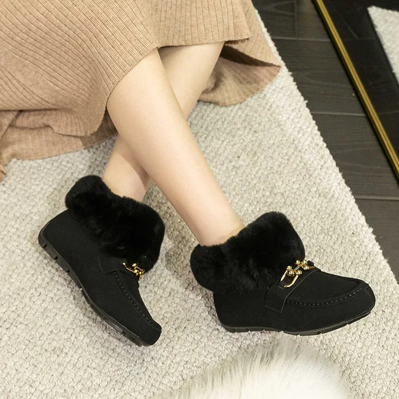 Faux Suede Women\'s Boots 2023 Winter Plush Warm Ladies Snow Boots Simple Solid Slip-on Casual Flat Shoes Botines Para Mujeres