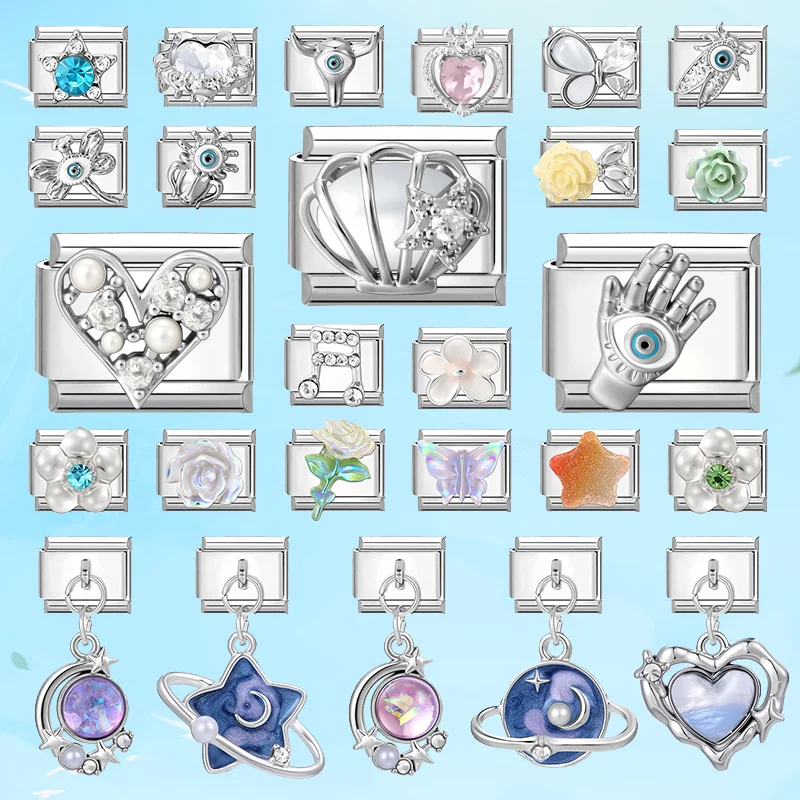 Wholeasle Shiny Zircon Shell Love Heart Devil Eyes Italian Charm Links Fit 9mm Stainless Steel Bracelet Women Jewelry DIY Making