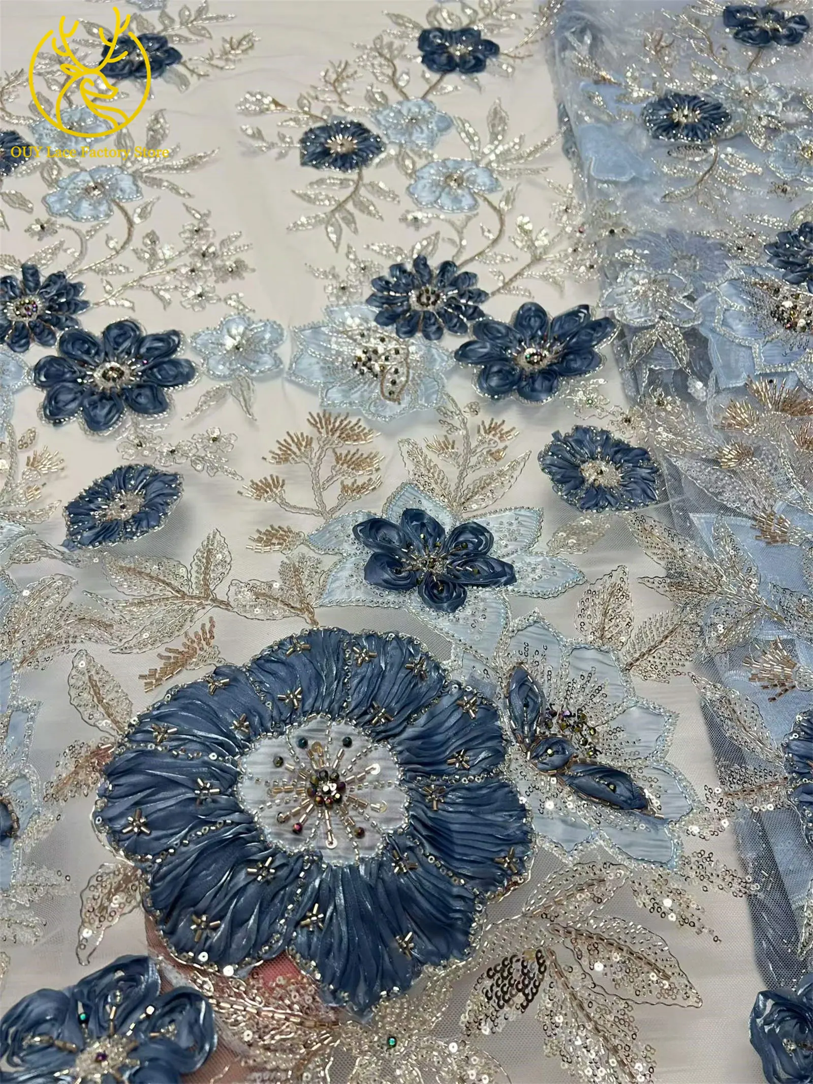 Modische 3D-Blumenstickerei Pailletten Tüll-Mesh-Spitze 2026 Nigerianische Perlen-Mesh-Spitze für Braut-Hochzeitskleider und Partykleider zum Nähen – Detail 6
