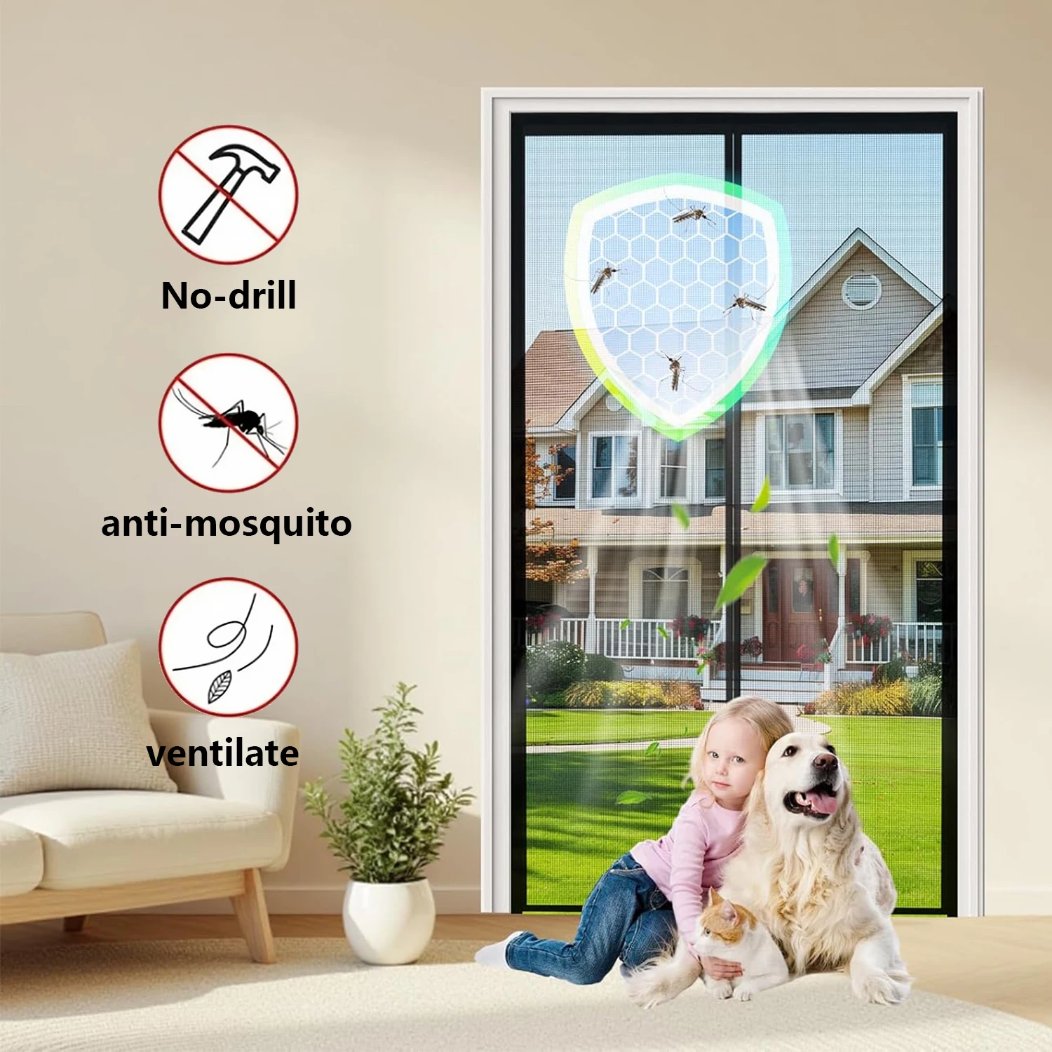 Magnetic Screen Door, Invisible Mesh, Heavy-Duty Mosquito Repellent Magnetic Automatic Closing, No Need for Drilling Holes
