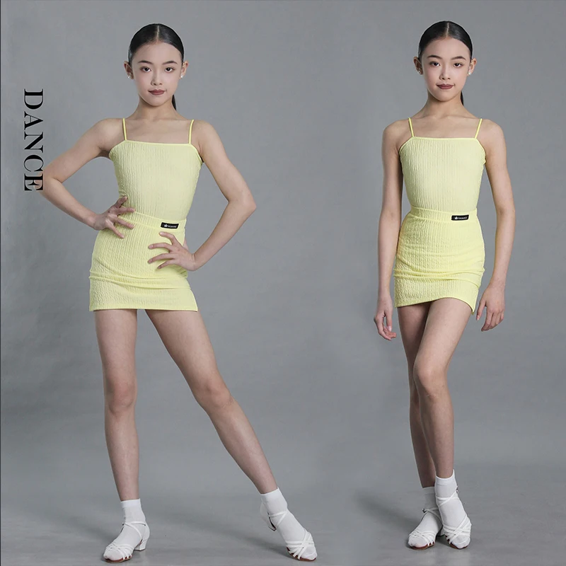 

New Yellow Latin Dance Suit For Girls Summer Spaghetti Strap Dress Leotard Skirt Set Kids Latin Rumba Practice Dancewear VBH1808