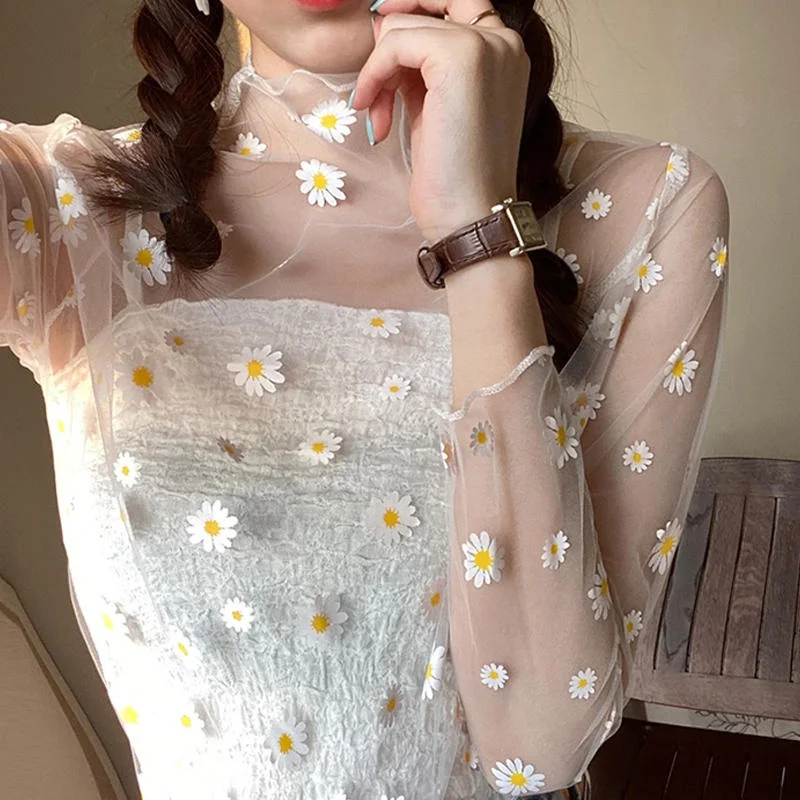 Sexy Lace Daisy T Shirt Transparent Mesh Ladies Tops  Women Long Sleeve Bottoming Shirts See-Through Turtleneck Sunscreen Tops