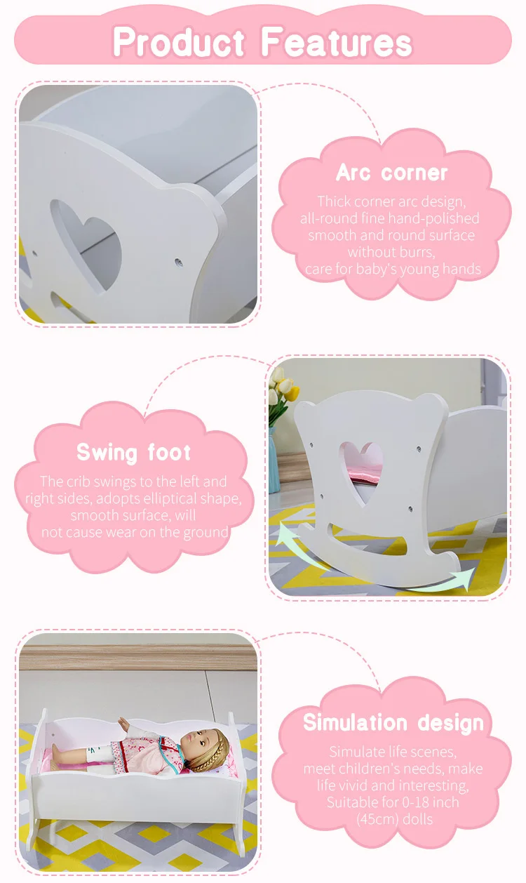 木製おもちゃ人形用ゆりかご ロッキングベビードール用ゆりかご ピンクの寝具セット付き 20インチまでの人形用おもちゃ 人形アクセサリー
