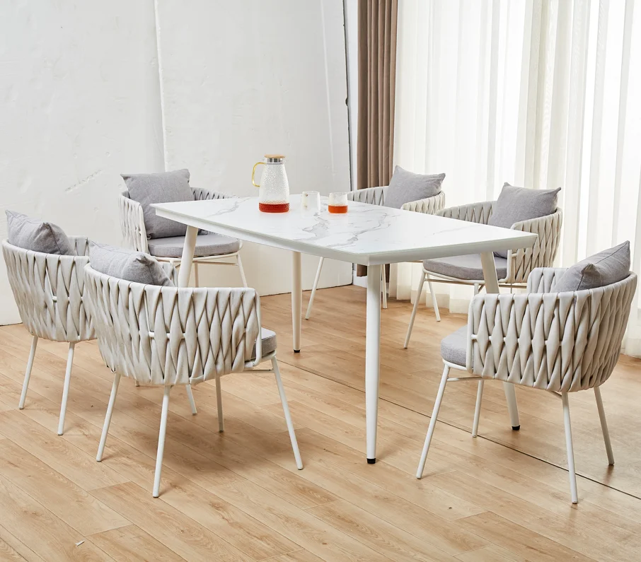 outdoor dining table set 6 seats PE rattan steel frame chair with tempered glass table suitable for park gardens