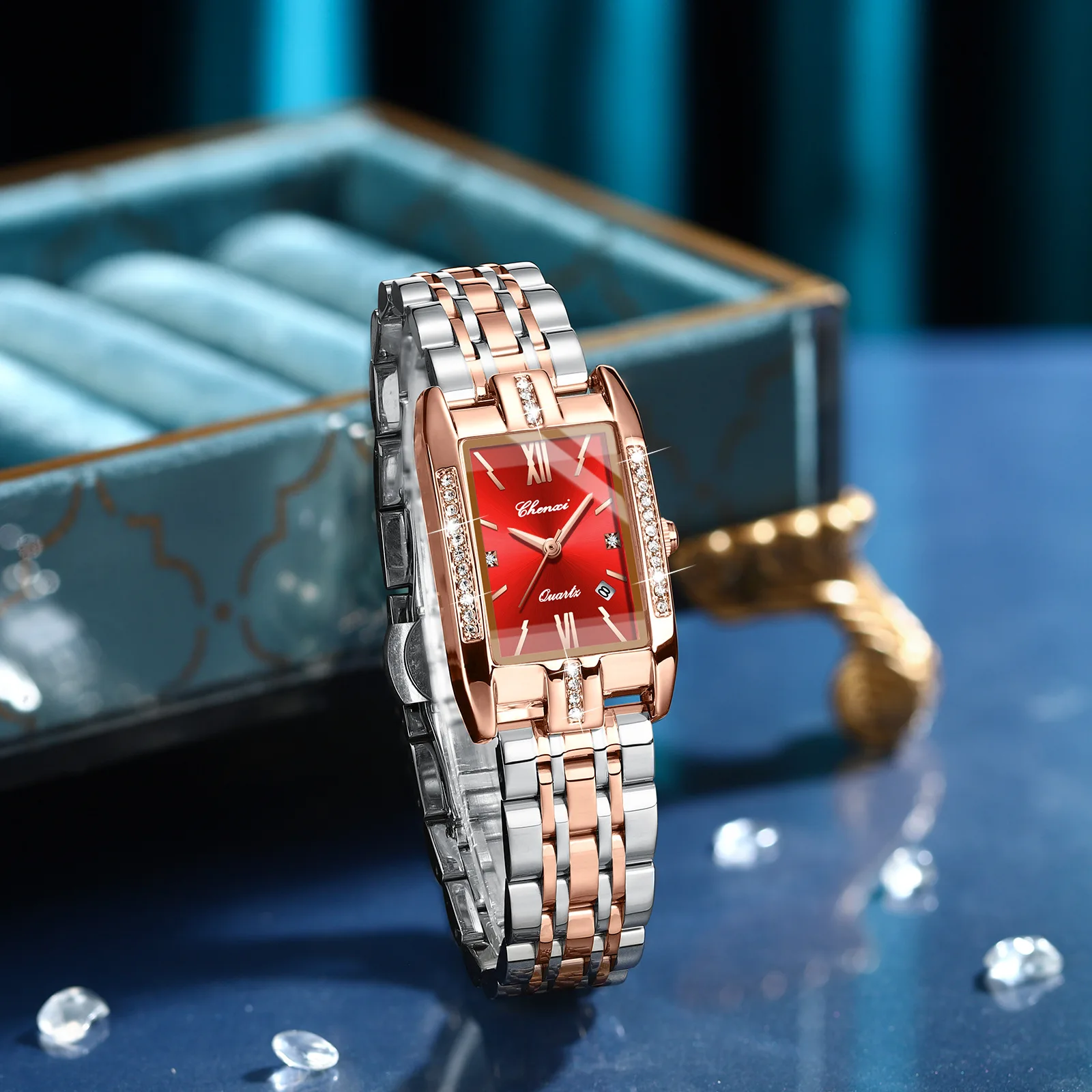 New Square Women's Watch Quartz Calendar Solid Steel Belt Waterproof with Diamond Fashion Women's Watch