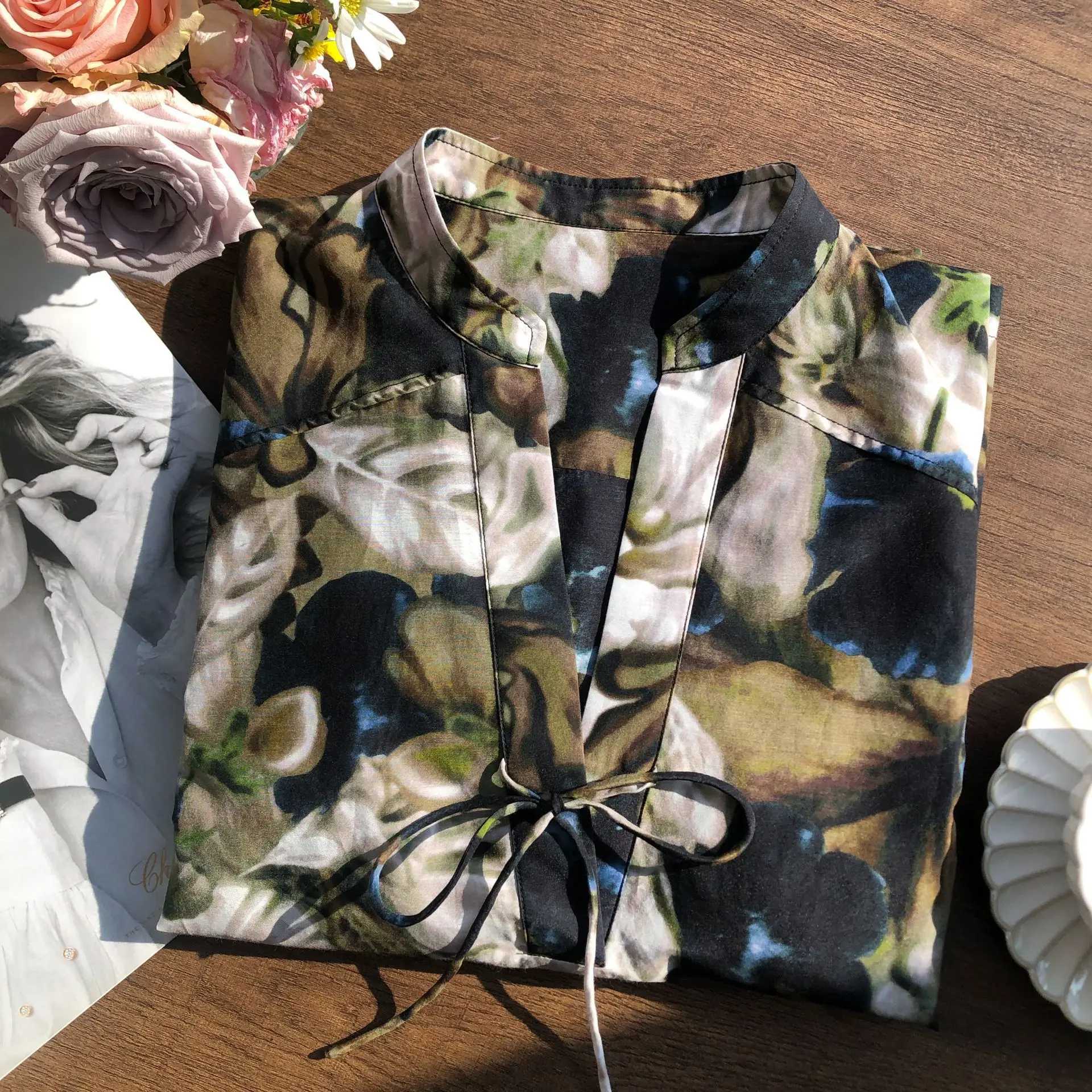 قميص Birdtree 30% حريري 70% قطن ماندالا مطبوع، بلوزة فضفاضة بأكمام طويلة ورقبة على شكل حرف V للسيدات، 2025 جديد T58109JF #6