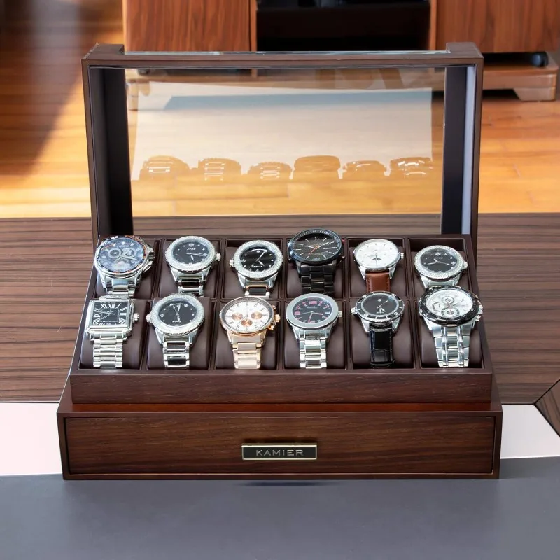 Wooden Watch Box with Glass Lid, Dustproof Multi-Compartment Jewelry Display Case for Men, Organizer for Dresser & Collection