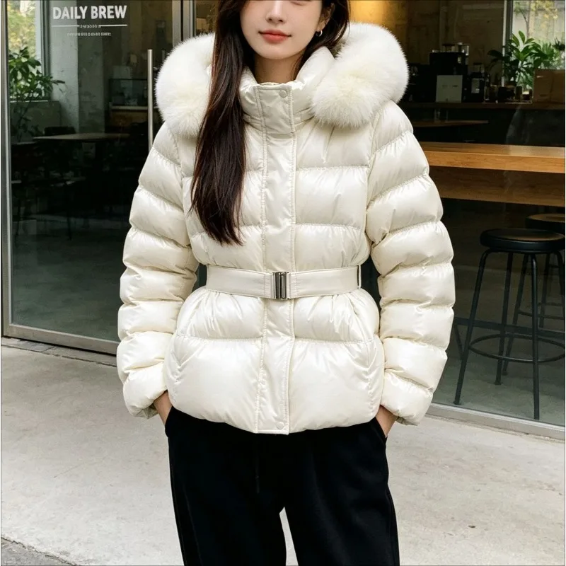 Winter Retro Temperament Big Fur Collar Removable Lace-up Waist Warm Hooded Cotton Jacket Women