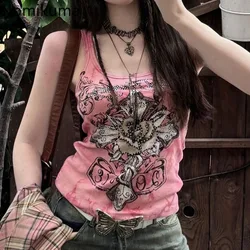 2024 Ropa Mujer Y2k Tanks Korean Fashion Clothing Sleeveless Tunic Diamond Crop Tops Casual Summer Vest Print Sexy Women Camis