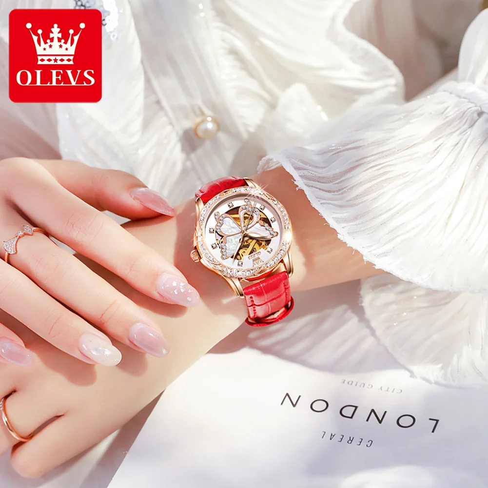 OLEVS 6622 Women Mechanical Watches Butterfly Skeleton Diamond Dial Leather Strap Luminous Ladies Dress Automatic Wristwatch