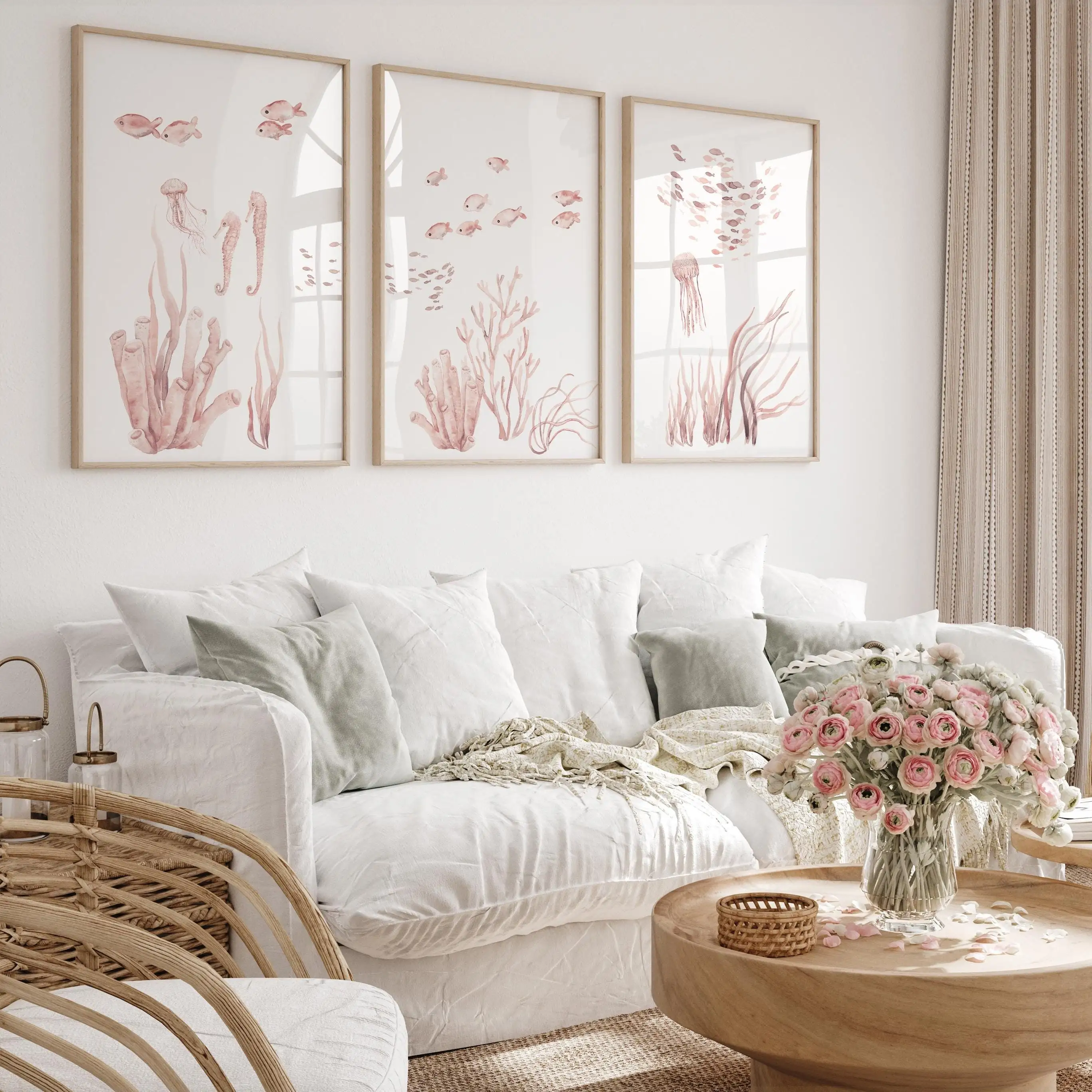 Watercolor Pink Coastal Wall Art Reef Painting Minimalist Modern Baby Girl Nursery Wall Art,Marine Art with Corals,Fish Seahorse