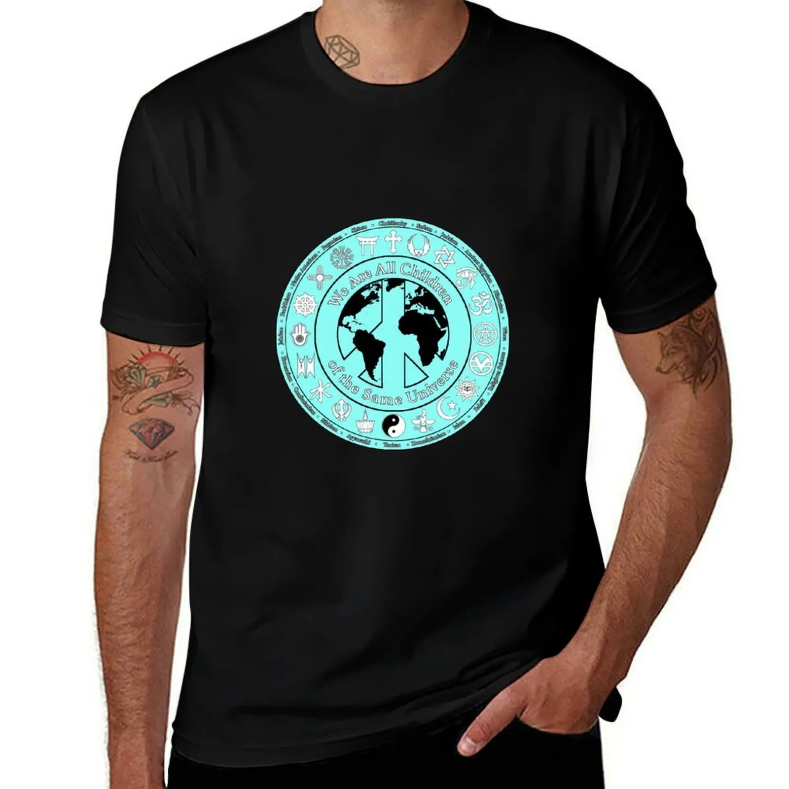 We Are All Children of the Same Universe - World Religions Symbols with Earth & Peace Sign - Light Aqua T-Shirt