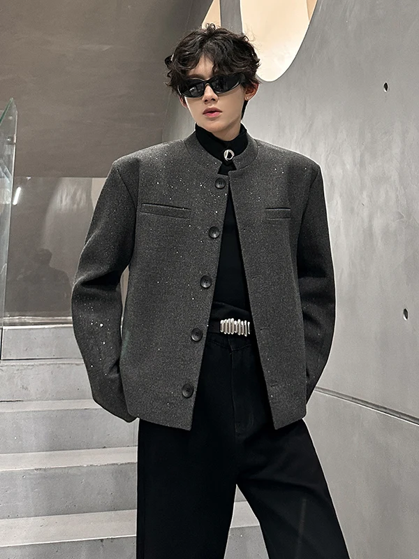 

Мужское пальто-пиджак TANGZ Studio с подплечниками, из серебристой шерсти, с воротником-стойкой, повседневное, модное, осеннее