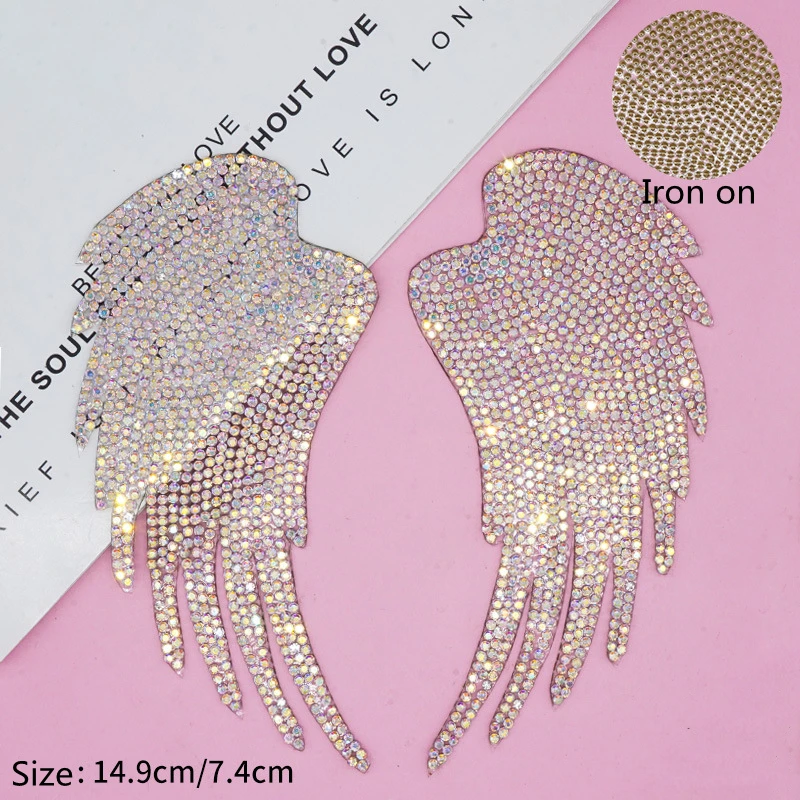 1 pair Rhinestone Patch iron on Patches Large Wings stick on Crystal AB Applique For Baby Children Clothing DIY Clothes Patches