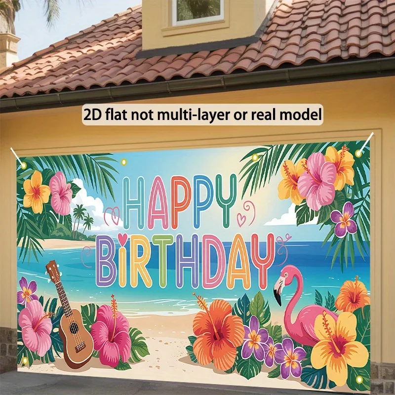 خطة ثنائية الأبعاد، علم حفلة شاطئ استوائي واحد - تصميم "عيد ميلاد سعيد" نابض بالحياة مع أشجار النخيل والرافعة والمناظر البحرية