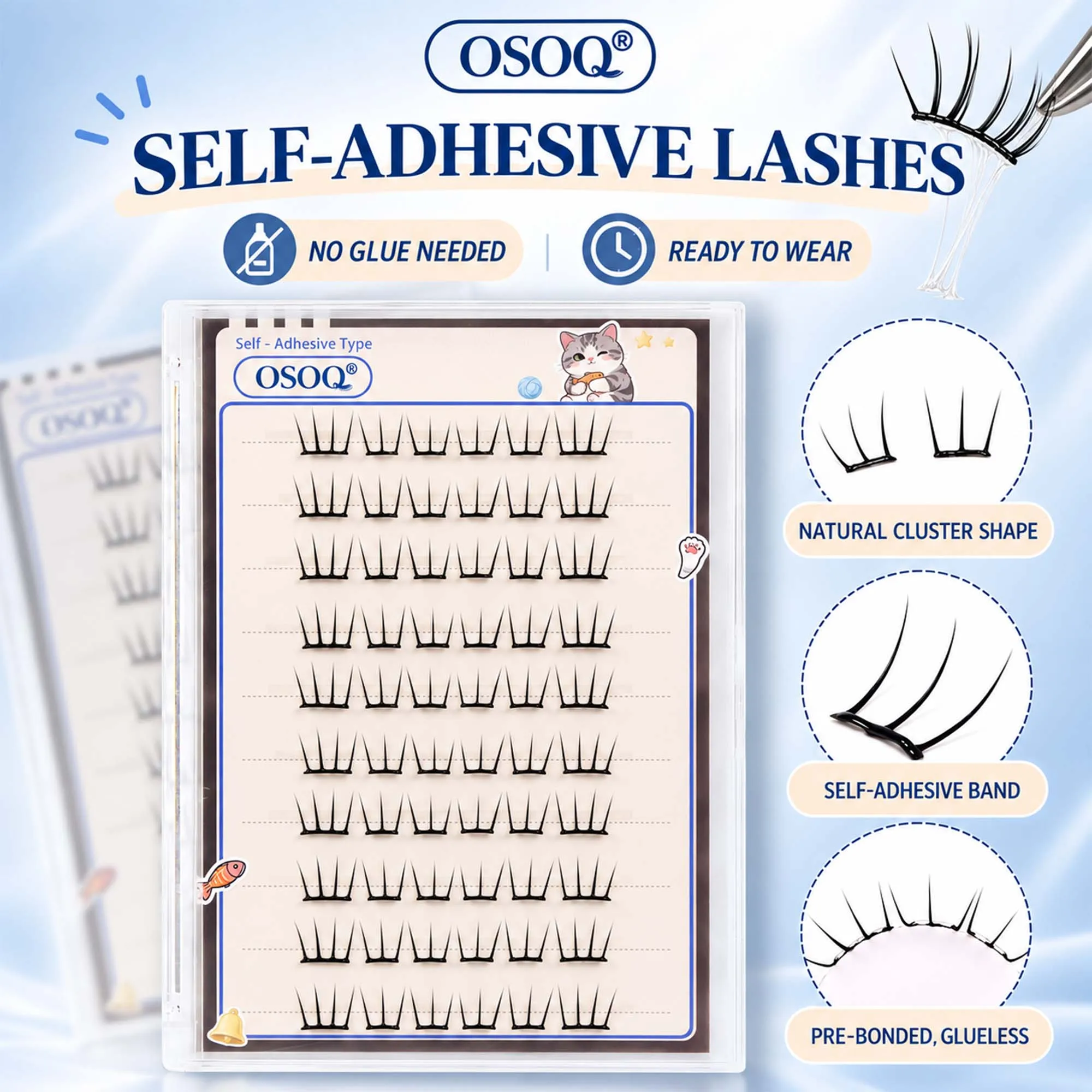 10 Rows Dense Natural False Eyelashes，Individual Lash Clusters，Built-in rubber strips，Extension Korean Women's Group Lightly Cur