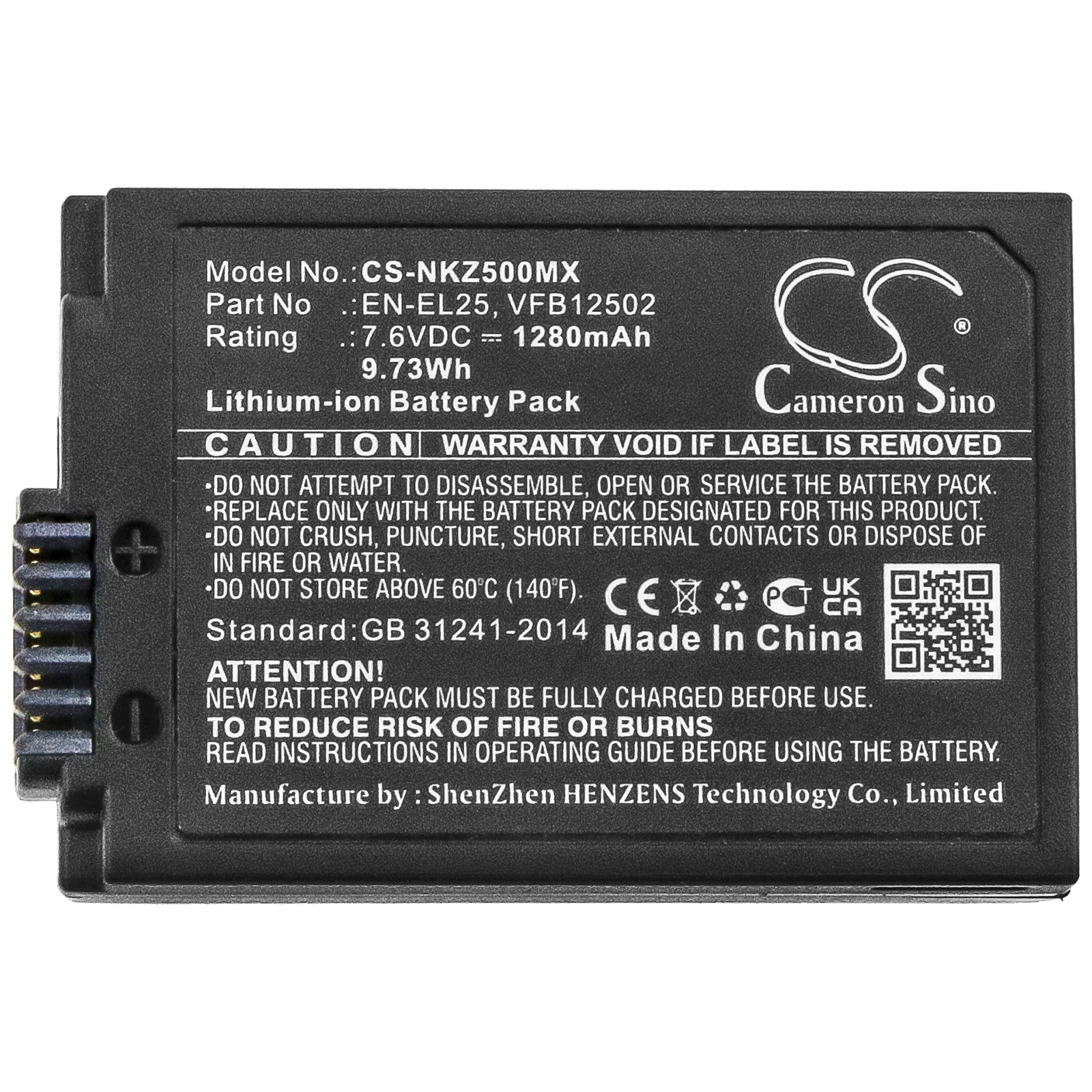 

Сменная батарея CS для беззеркальных камер Nikon Z50, Z50 ZFC, Z30, Z FC, PN: EN-EL25, VFB12502, 1280 мАч / 9,73 Вт·ч