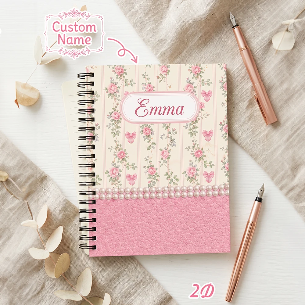 Personalised Pink Rose Bow Custom Name Notebook,Holiday Presents,College Girls,Creatives,Work Memo,Travel Diary,Class Notes