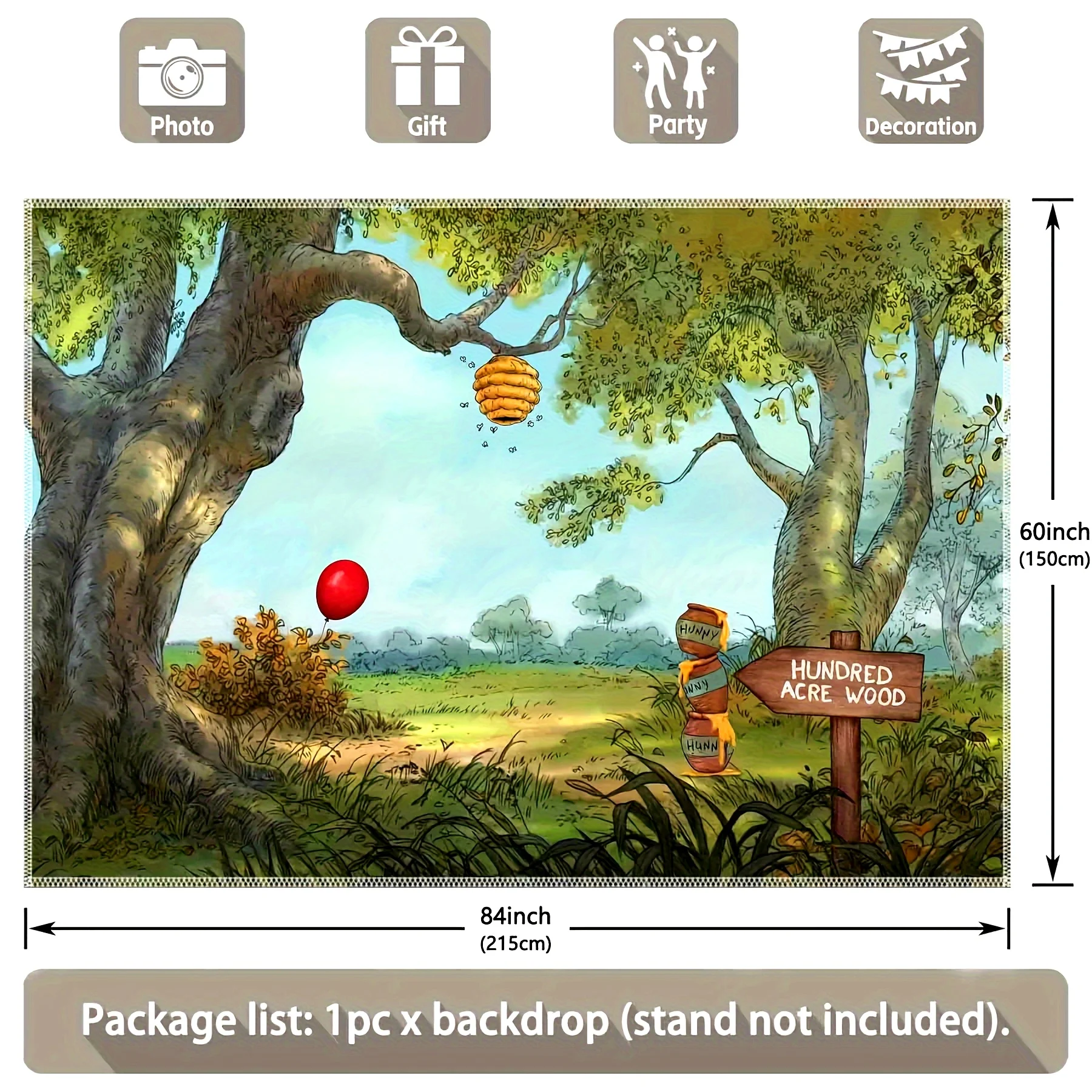 Winnie the Pooh Hundred Acre Wood Tapestry Red Balloon Honey Pot Cartoon Backdrop Kids Party Photo Booth Decoration Flat 2D