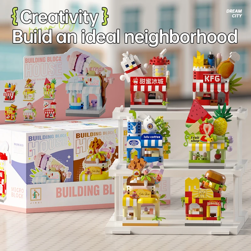 City Street View Mini Commercial Street Building Block, fai da te Flower Shop Coffee Fruit Cake House Assembly Toys, per i regali dei bambini