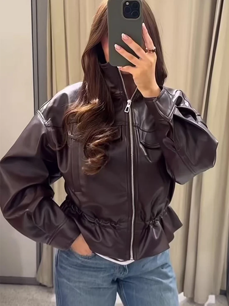 TFMLN New Women Faux Leather Jacket Stand Collar Drawstring Waist A‑Line Hem Vintage Female Casual Outerwear Autumn 2026