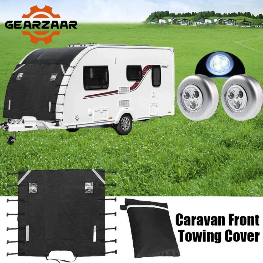 GEARZAAR FULL CARAVAN FRONT TOWING COVER UNIVERSAL PROTECTOR BLACK + LED LIGHTS